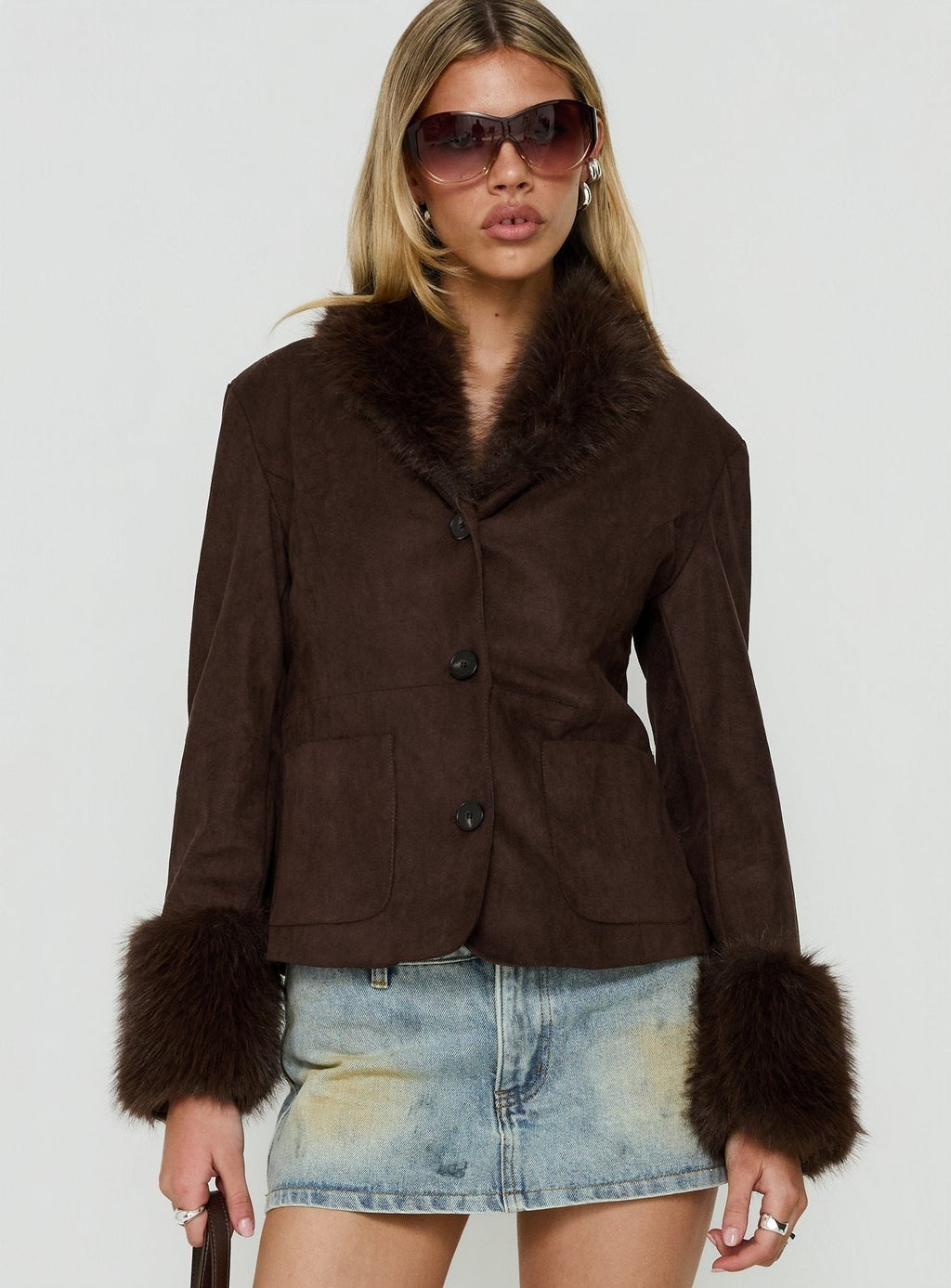 Memoree Faux Fur Trim Jacket Chocolate