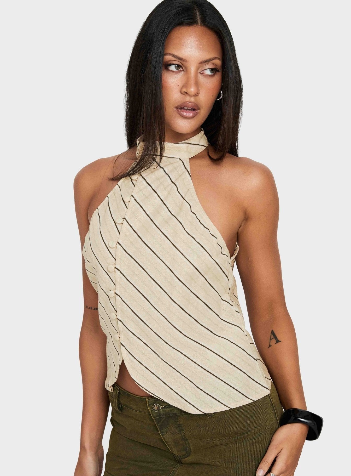 Iggya Button Detail High Neck Top Beige Stripe