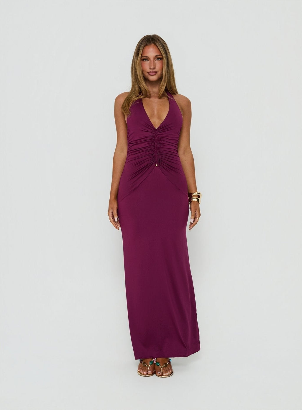Erene Ruched Halter Maxi Dress Berry