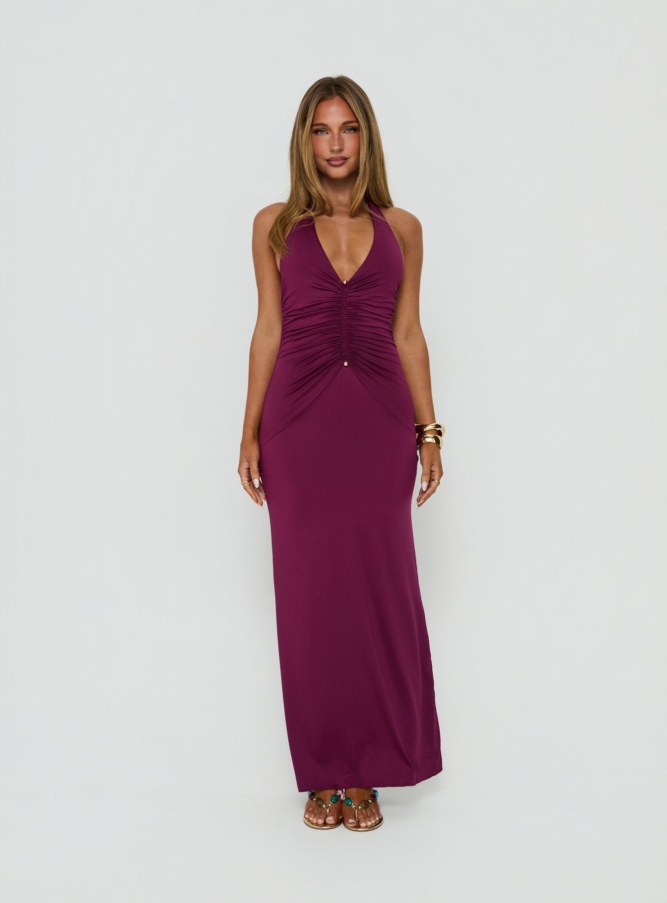 Erene Ruched Halter Maxi Dress Berry