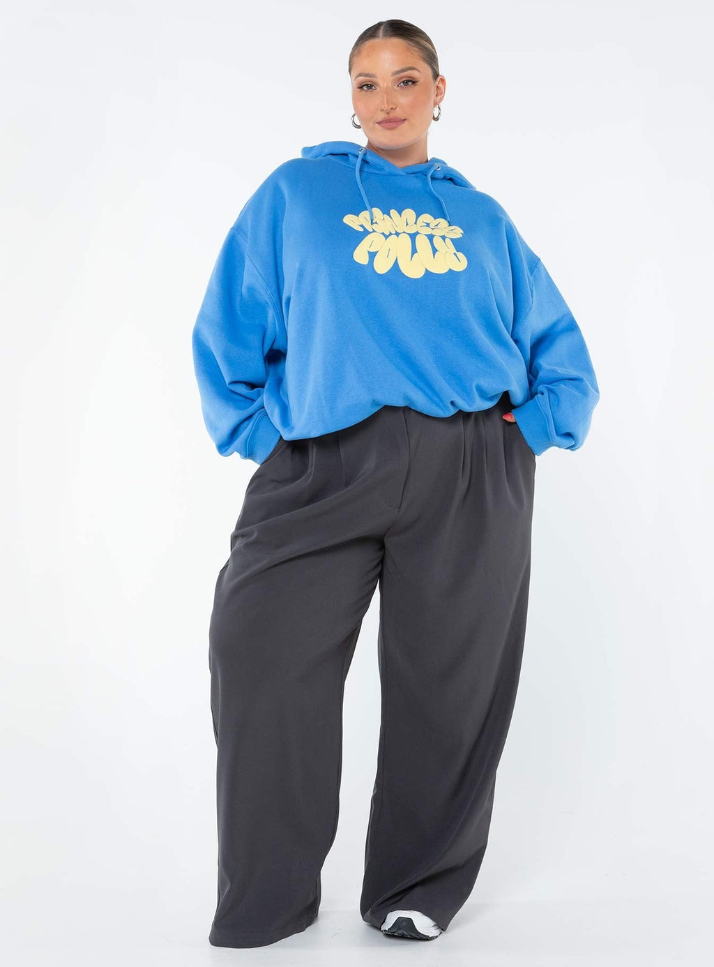 Princess Polly Hooded Sweatshirt Bubble Text Blue / Yellow Curve