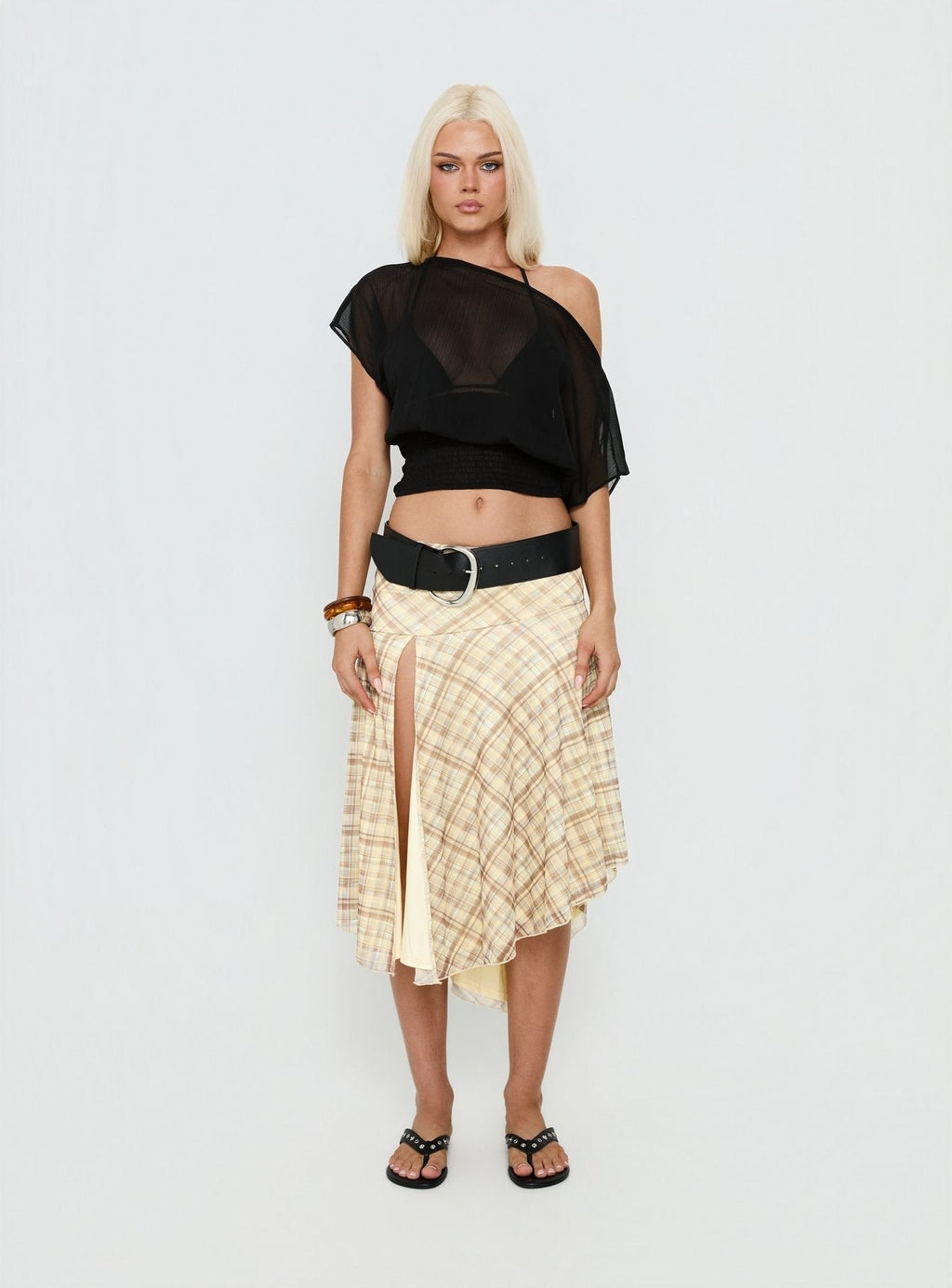 Dulciana High Split Asymmetrical Midi Skirt Multi Check