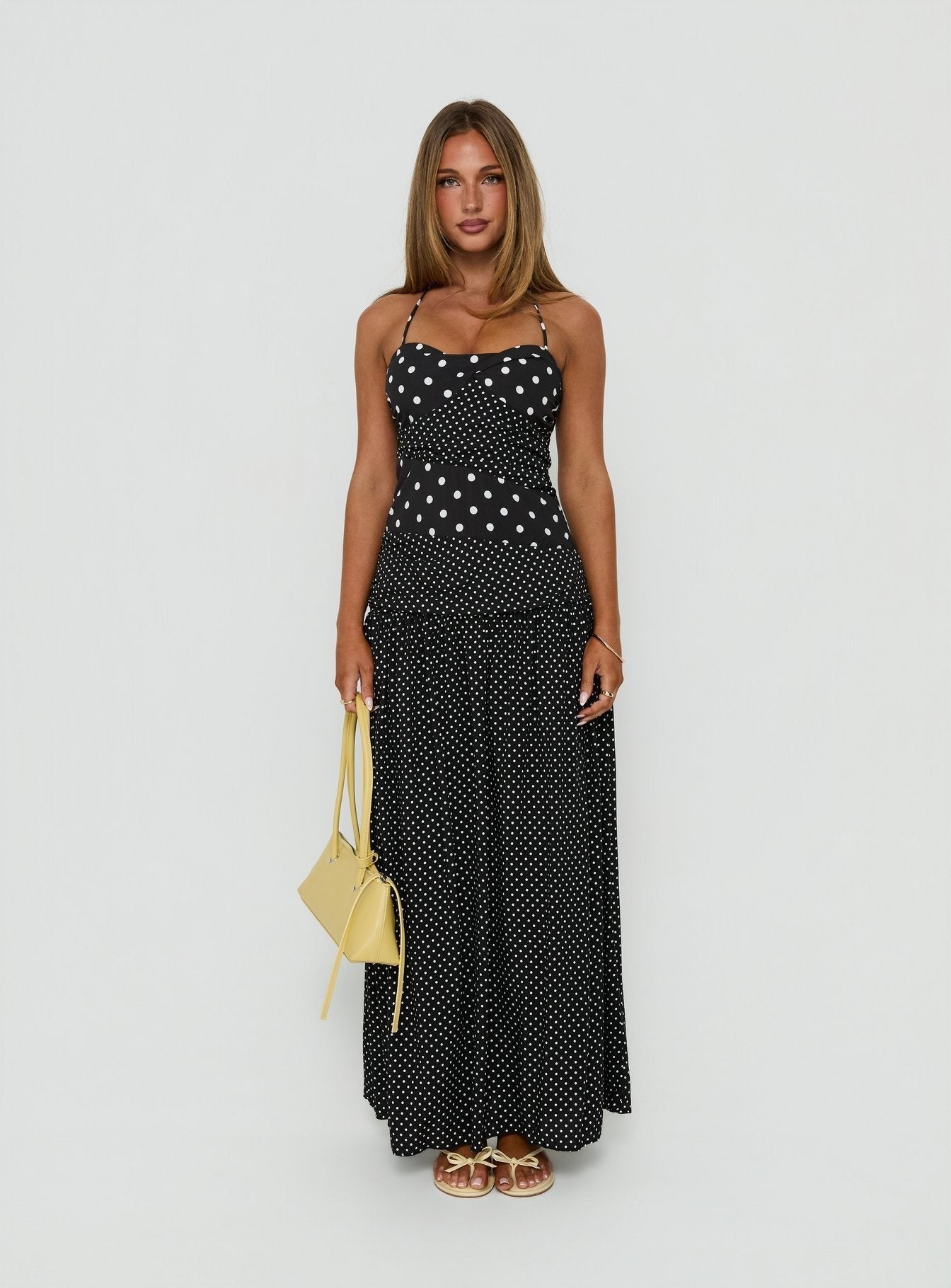 Marguerite Halter Maxi Dress Black / White Polka Dot