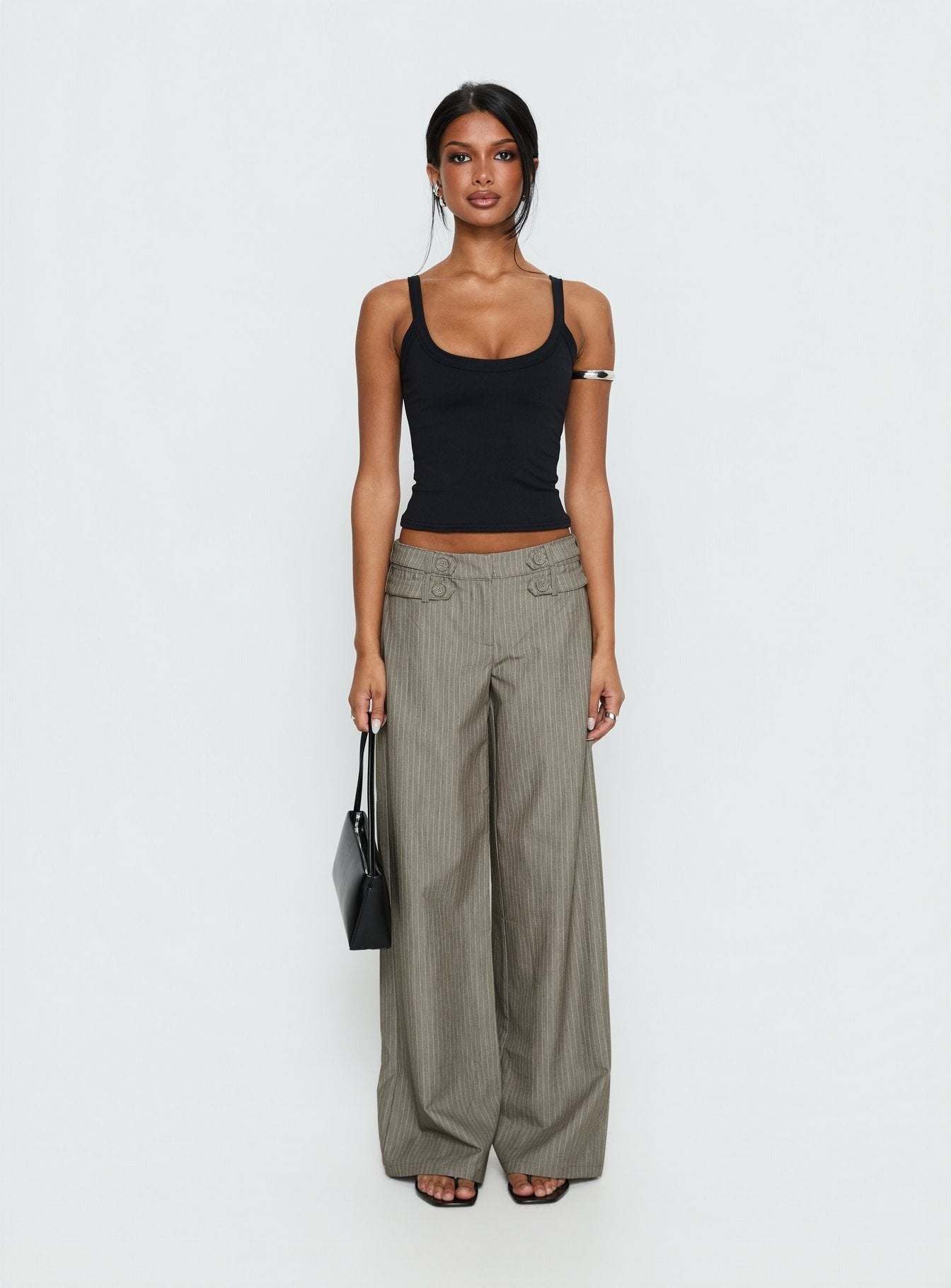 Jette Tailored Buckle Pant Taupe Pinstripe
