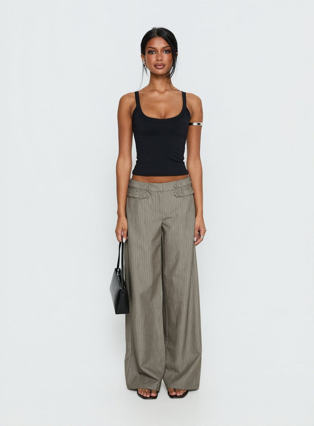 Jette Tailored Buckle Pant Taupe Pinstripe