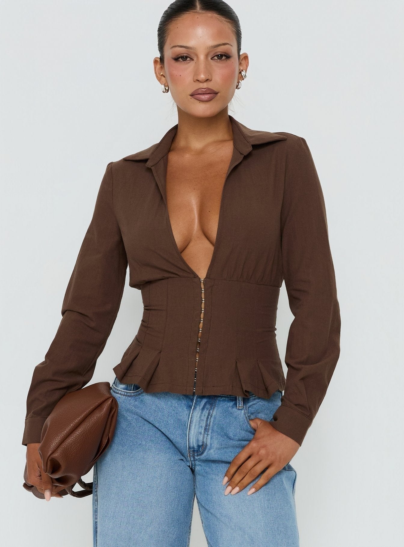 Kiyra Cinched Long Sleeve Shirt Brown