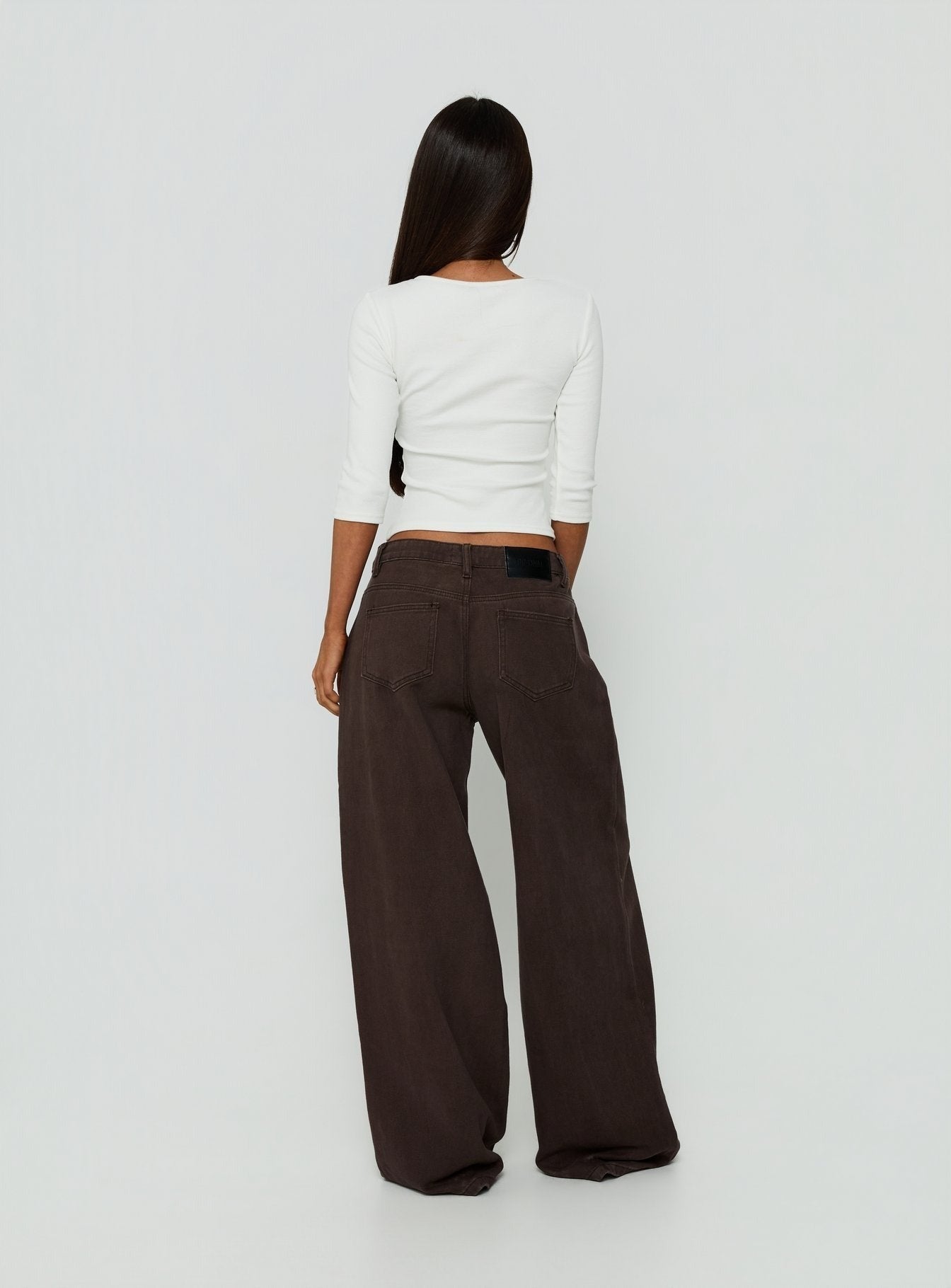 Ramos Low Rise Tie Waist Wide Leg Jeans Washed Chocolate