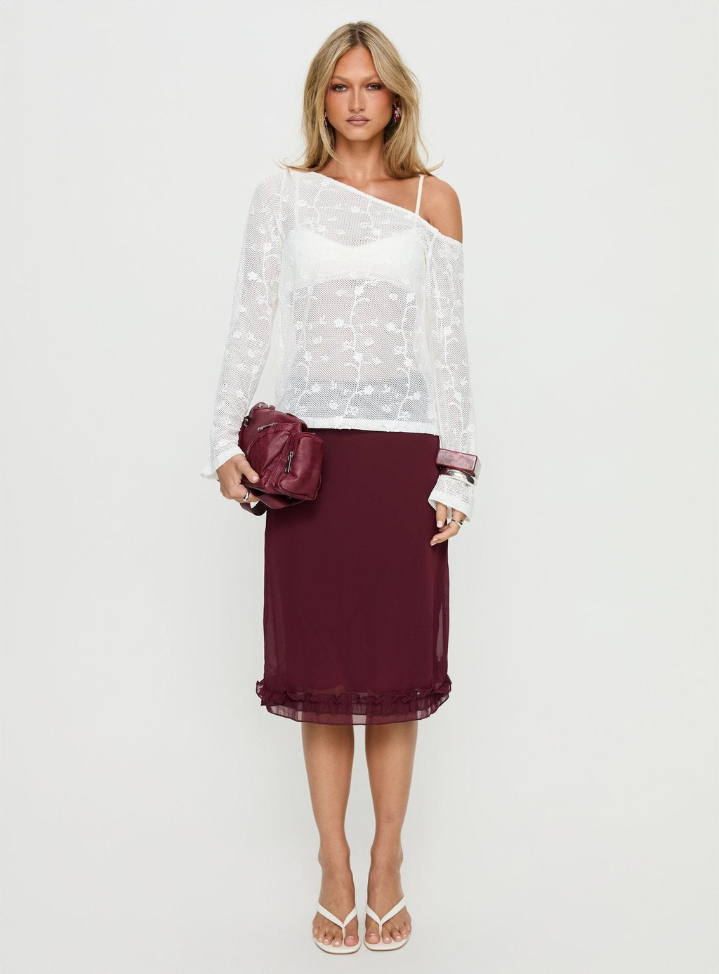 Aricella Sheer Off Shoulder Long Sleeve Top White