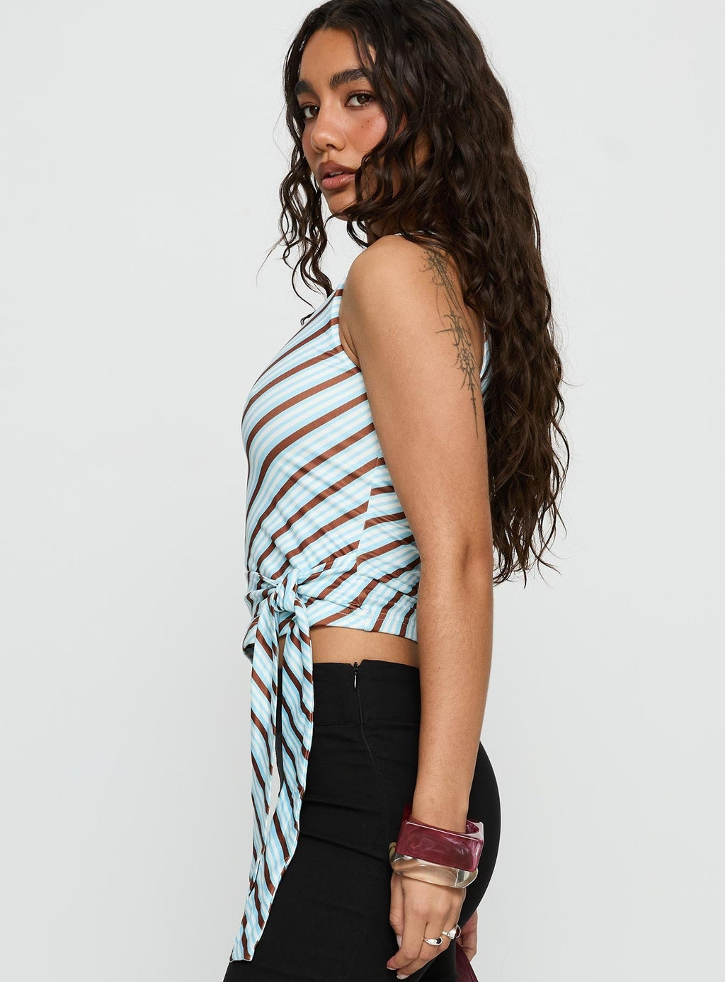 Ranae One Shoulder Tie Detail Top Blue Stripe