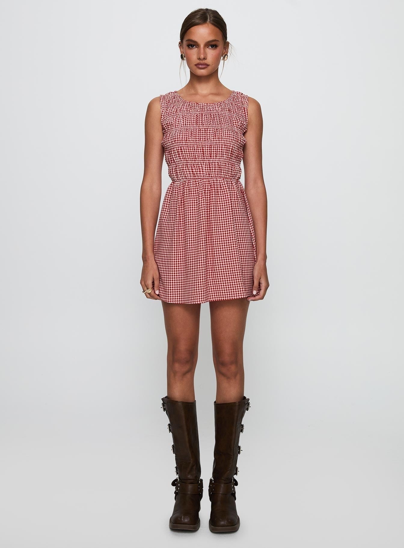 Winxie Shirred Mini Dress Red Gingham