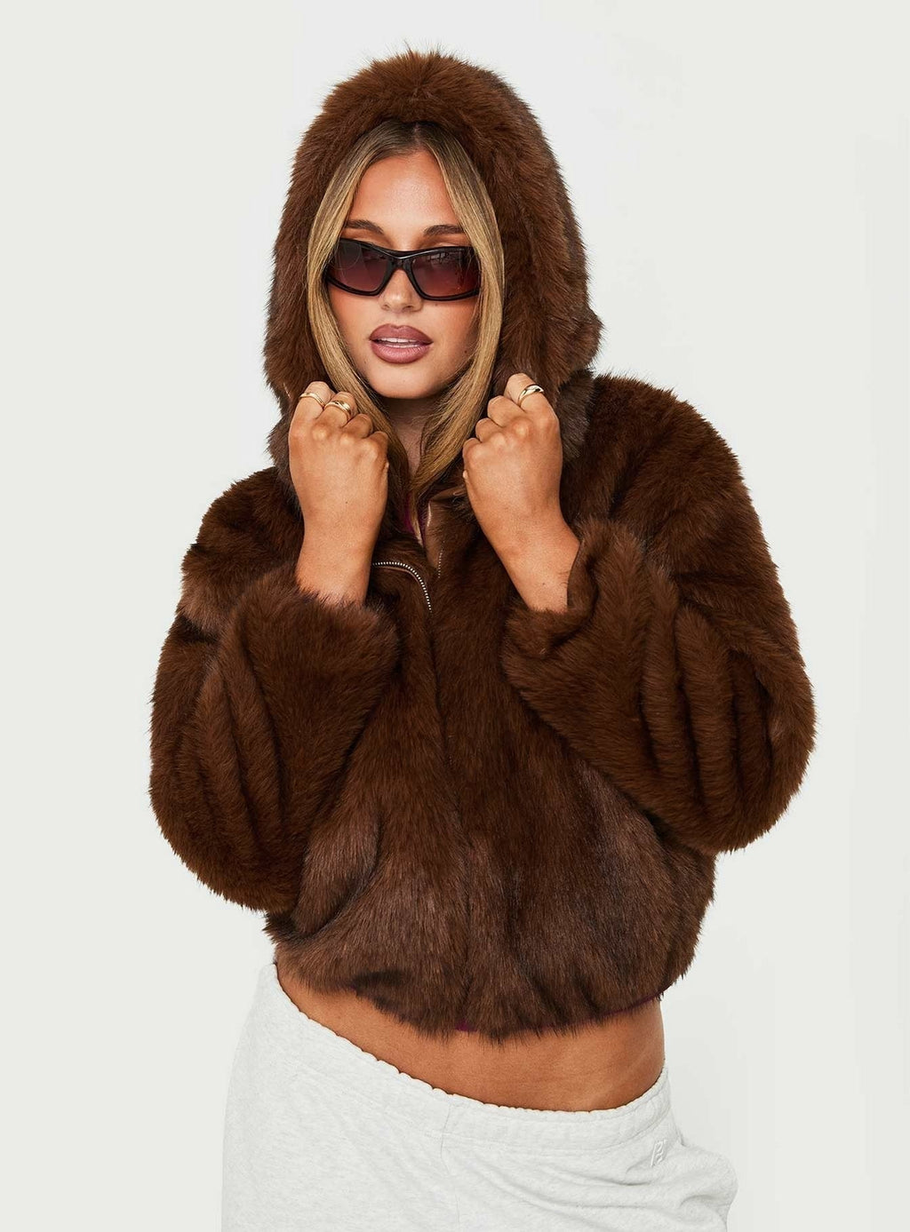 Act Up Faux Fur Hooded Jacket Brown