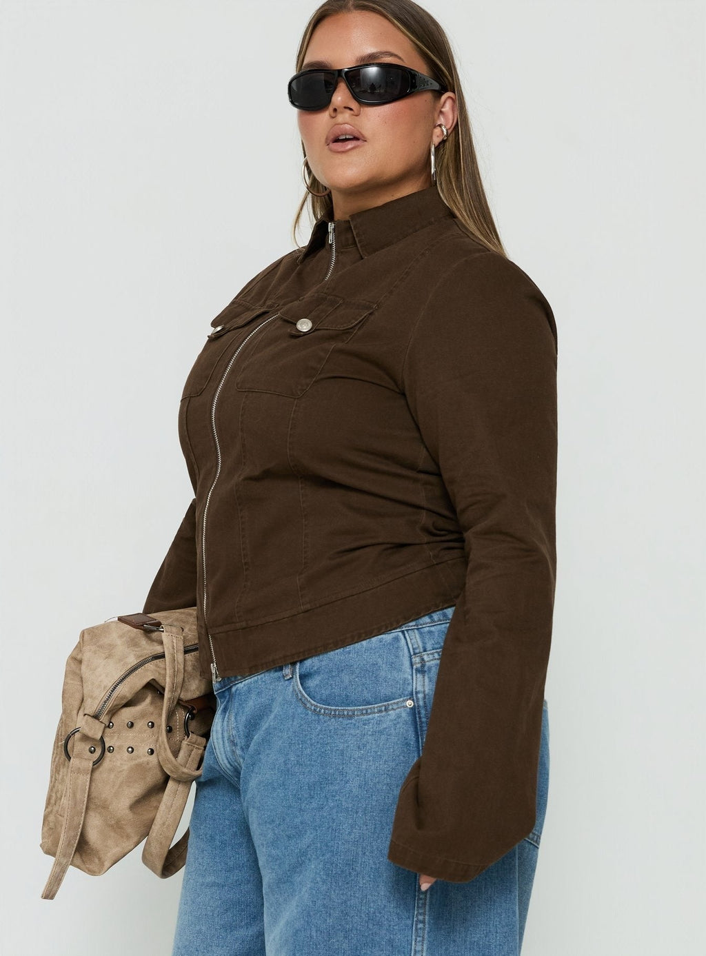 Kelehan Long Sleeve Zip Front Jacket Stonewashed Brown Curve