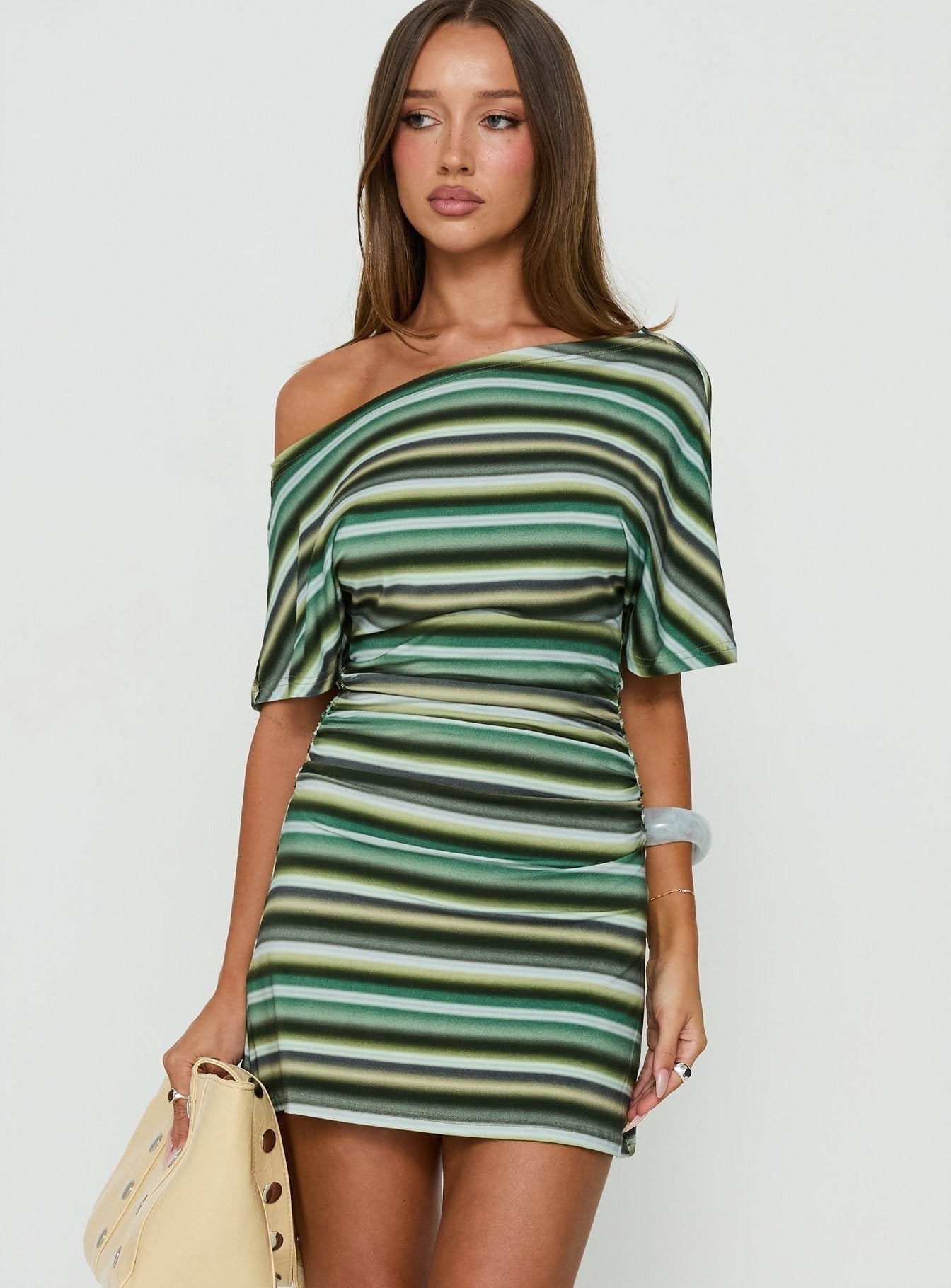 Mista Off Shoulder Asymmetrical Mini Dress Blue Multi Stripe