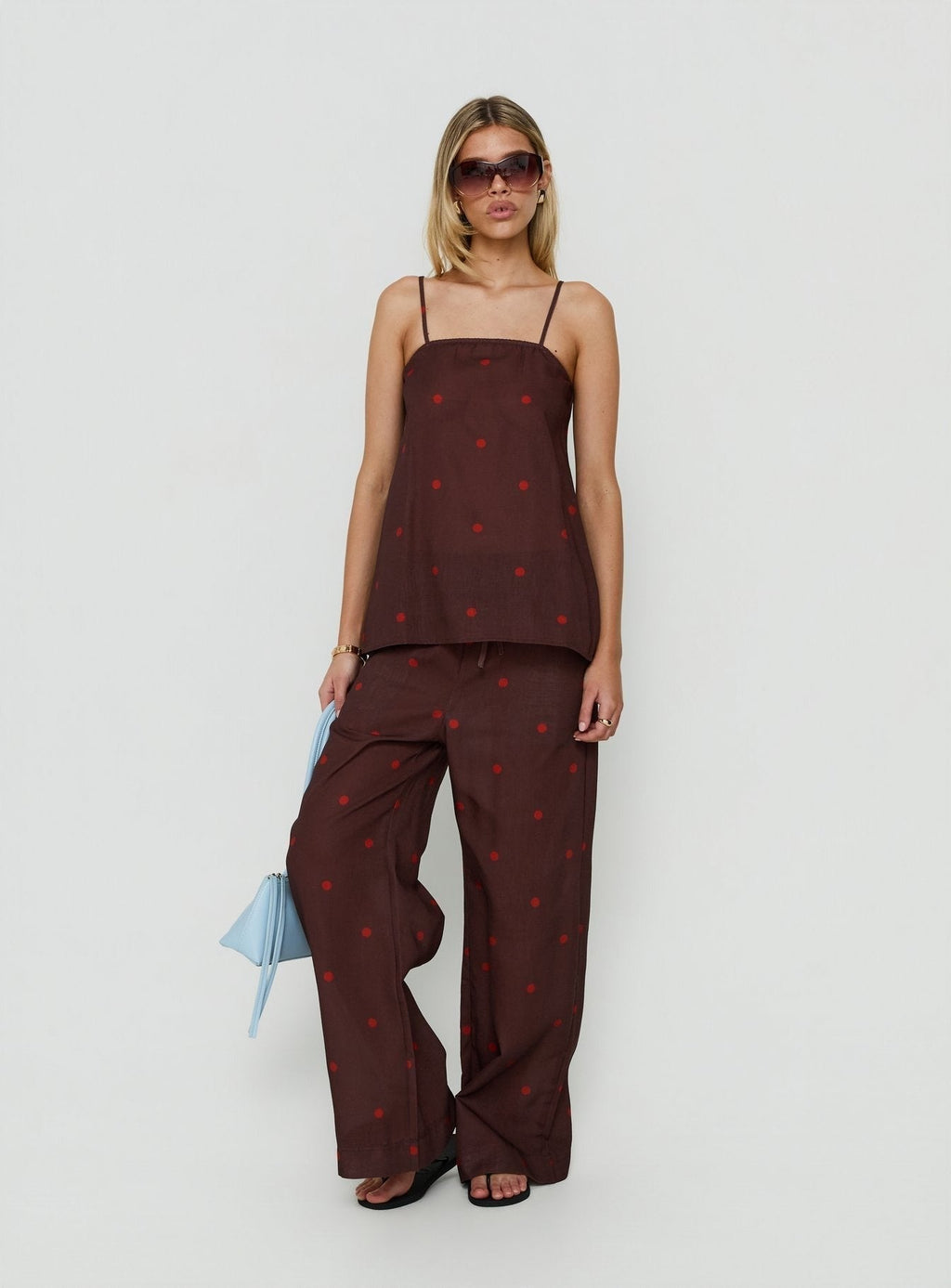 Bellara Tie Waist Pants Chocolate / Red Polka Dot