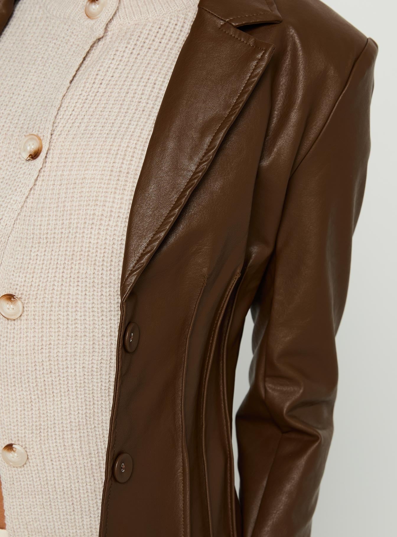 Speak Easy Long Line Faux Leather Coat Brown