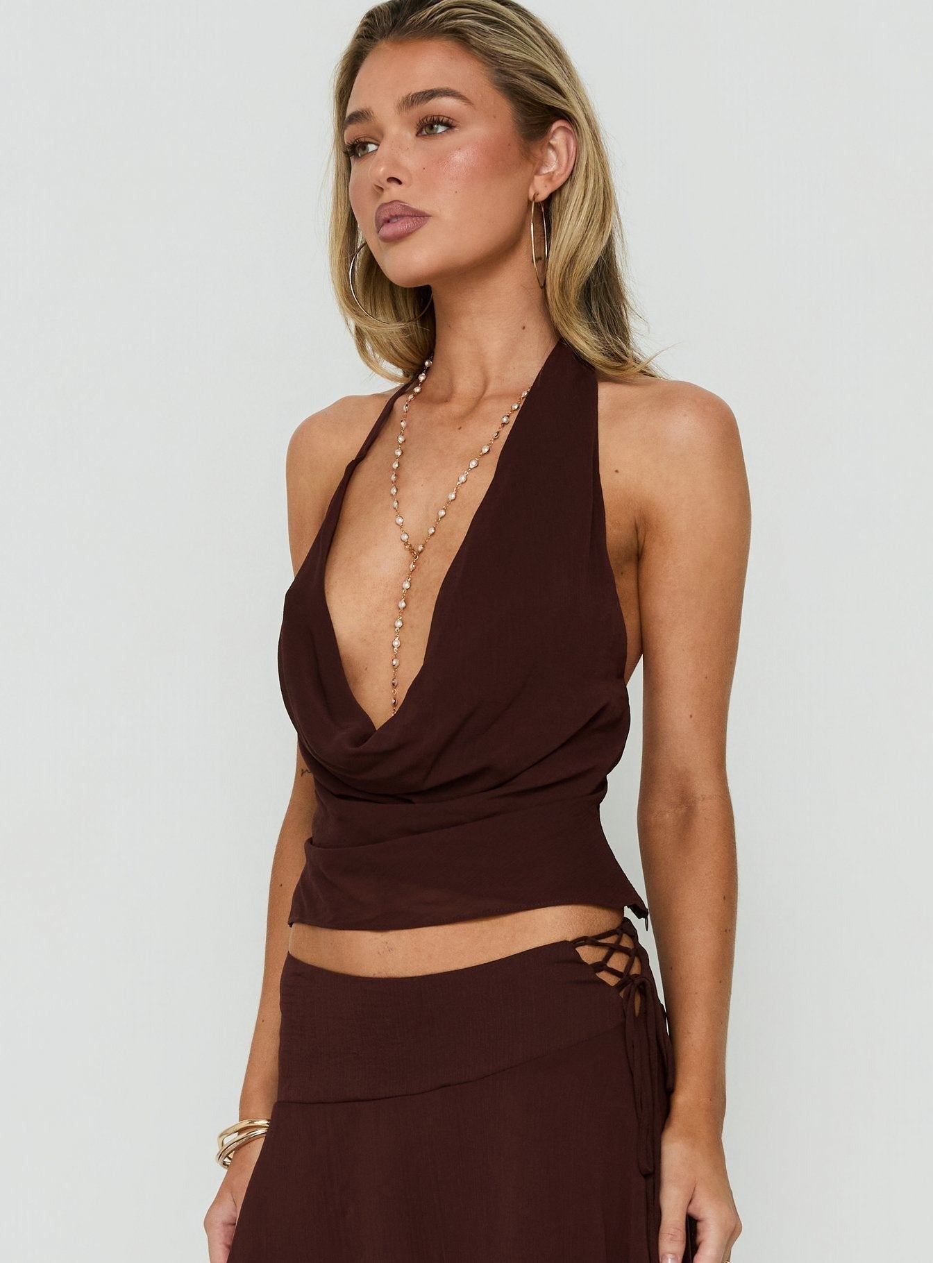 Evaleine Chiffon Cowl Neck Top Chocolate