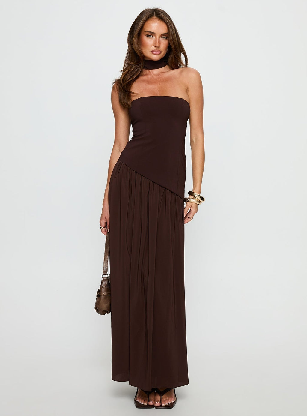 Odela Strapless Scarf Drop Waist Maxi Dress Chocolate