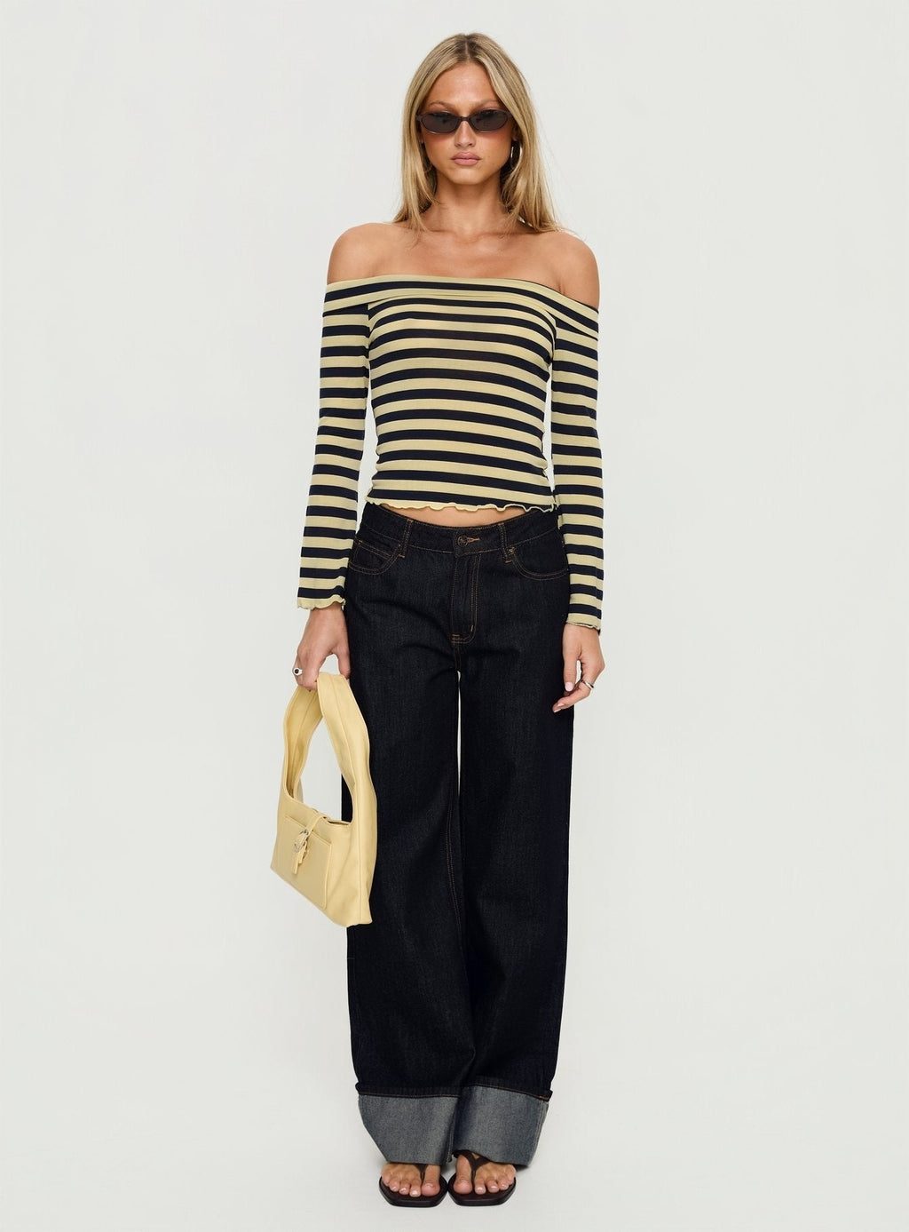 Ivonna Off Shoulder Long Sleeve Top Lemon Stripe