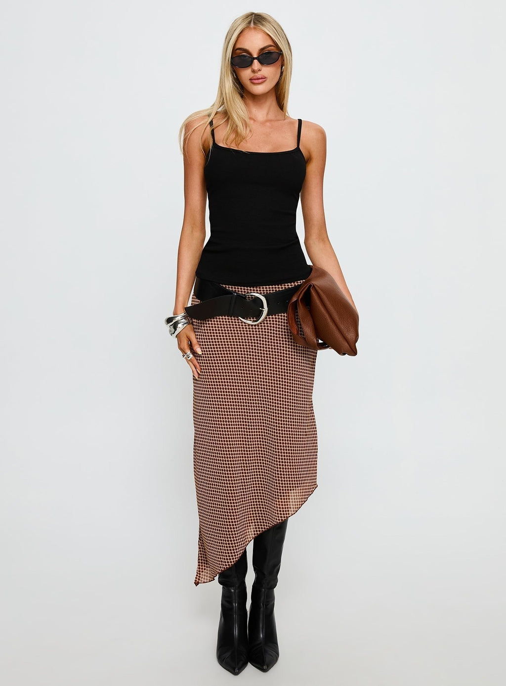 Suella Asymmetrical Midi Skirt Brown Polka Dot