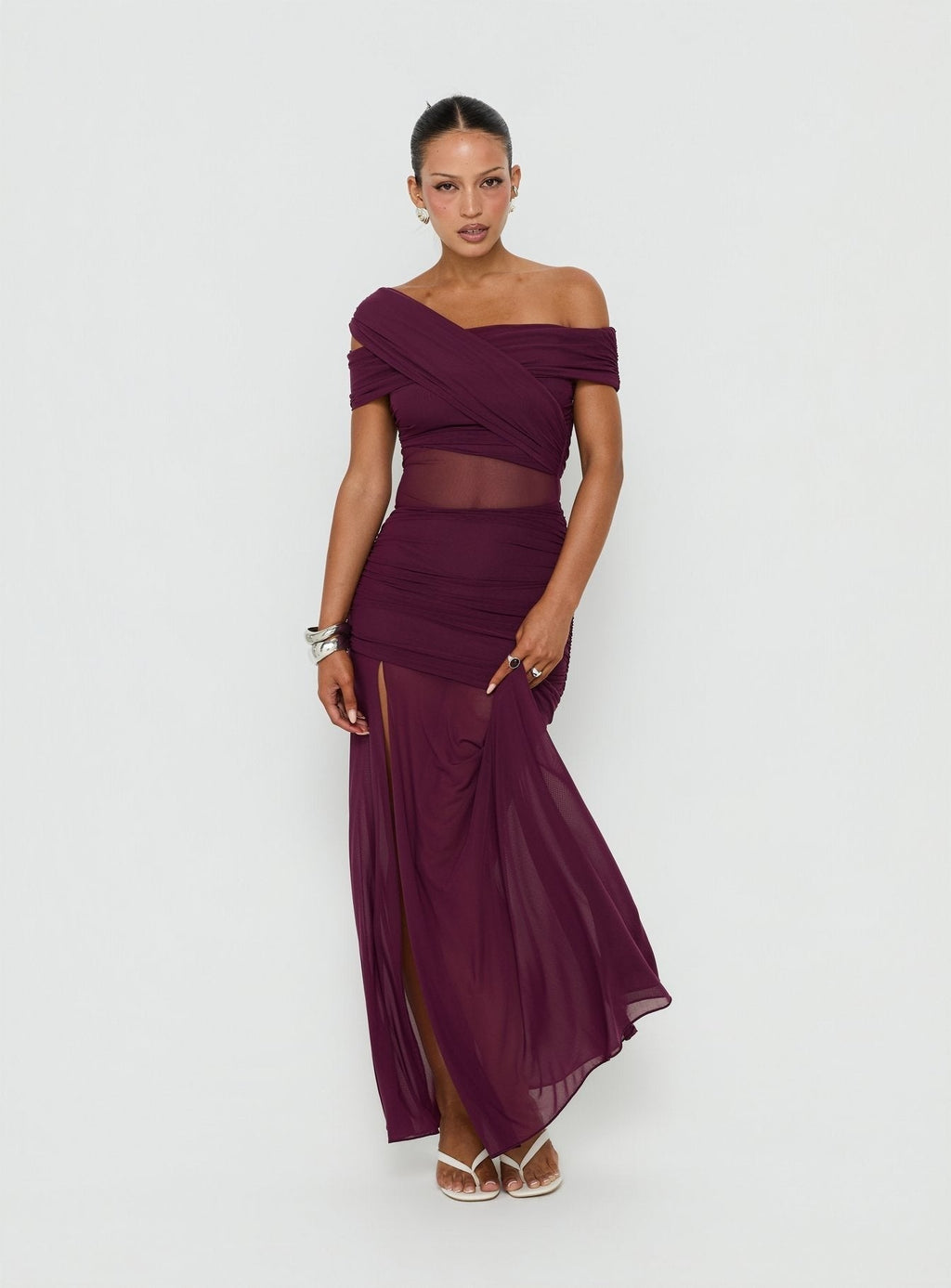 Loran Mesh Draped Maxi Dress Wine