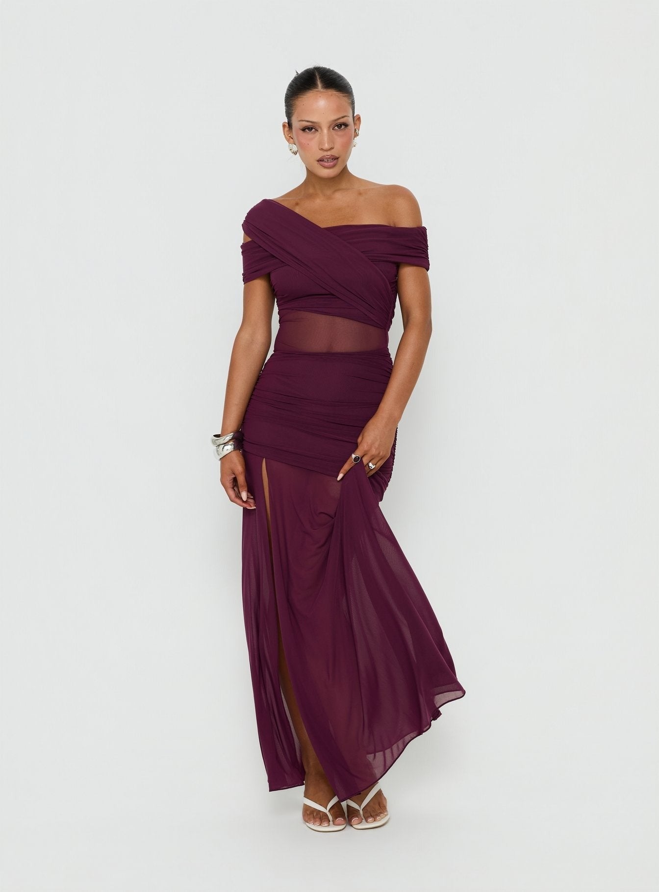 Loran Mesh Draped Maxi Dress Wine