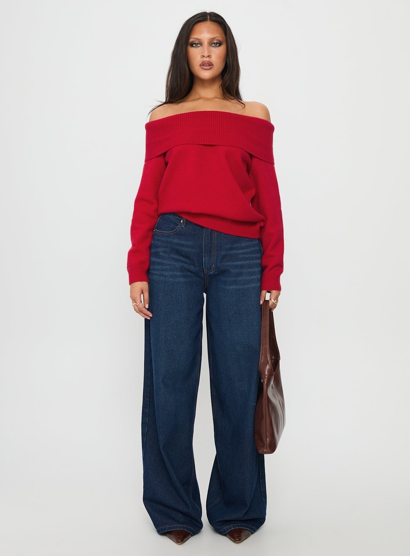 Jaycelyn Off Shoulder Knit Sweater Red