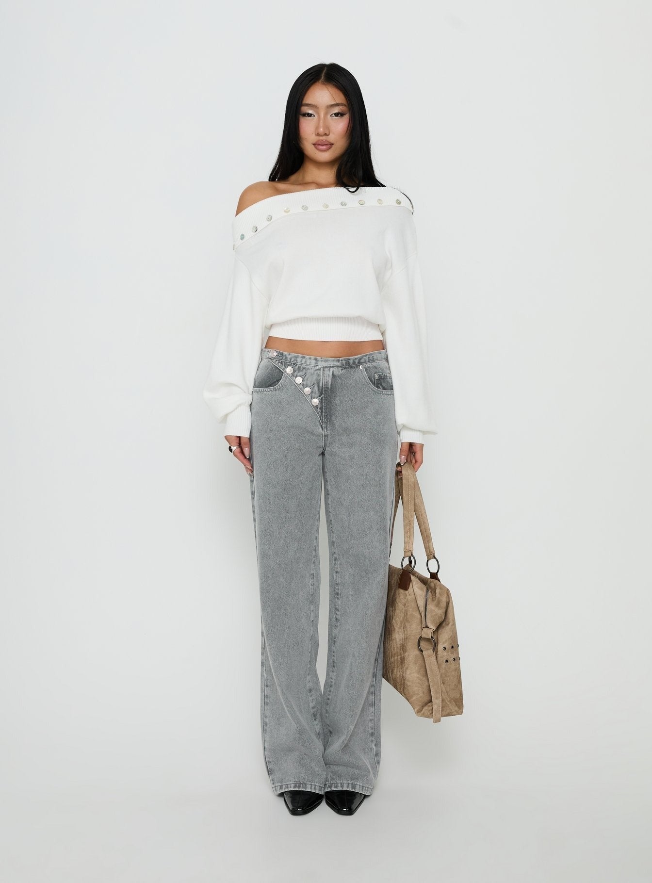 Pipper Asymmetrical Button Up Jeans Grey Wash