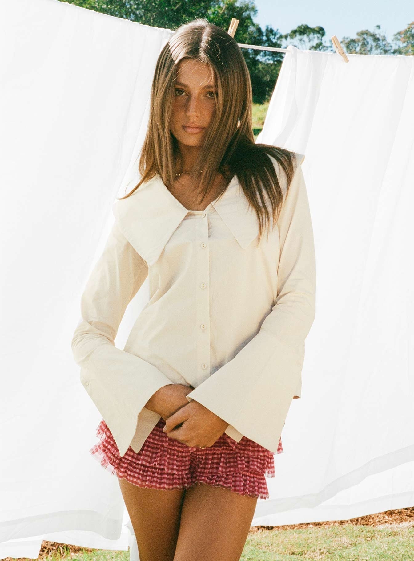 Zelina Oversized Collar Long Sleeve Top Beige