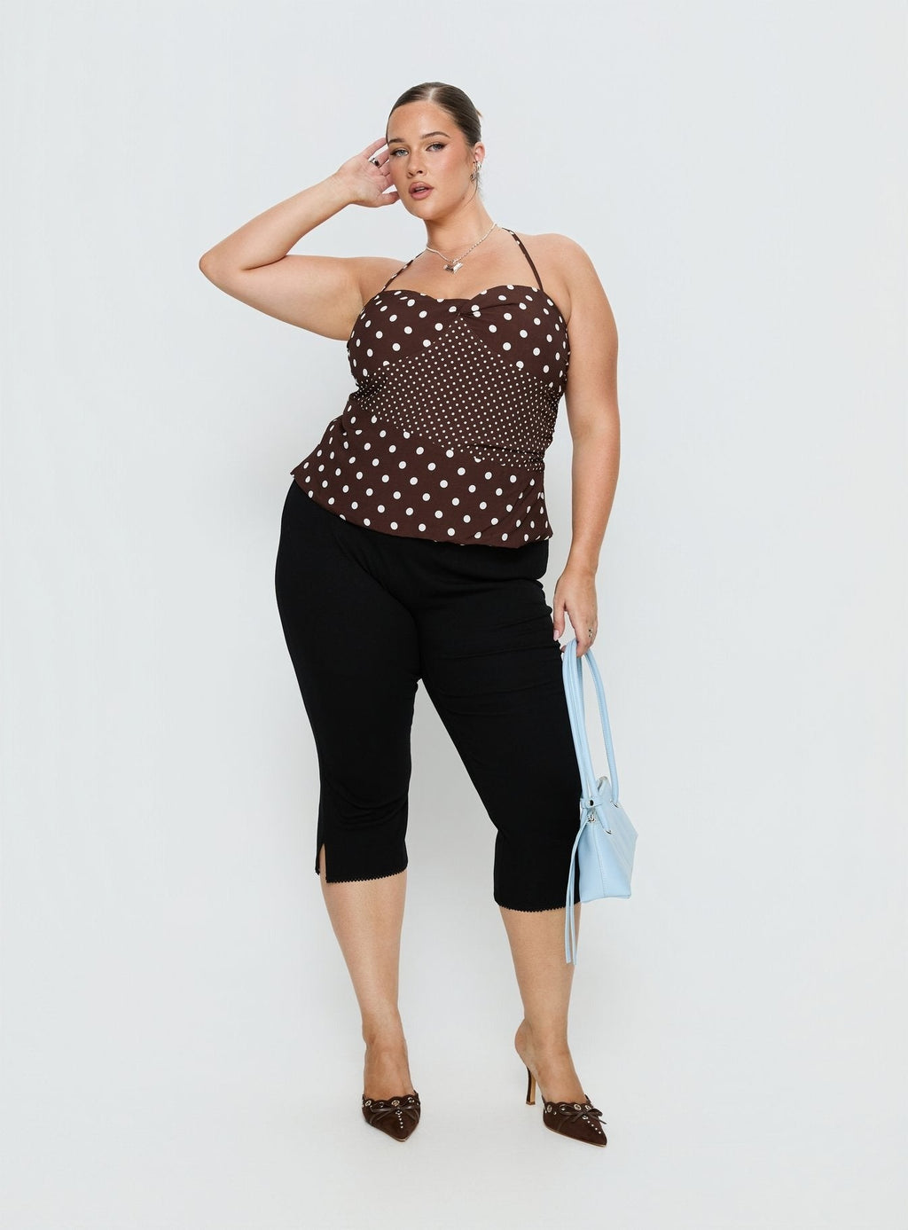 Marguerite Halter Top Brown Polka Curve
