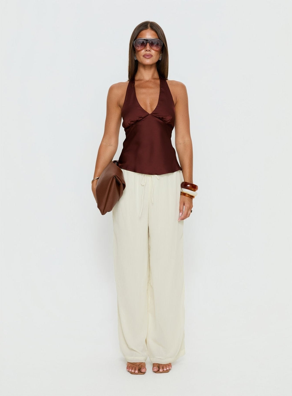 Remarkable Satin Plunge Neck Top Chocolate