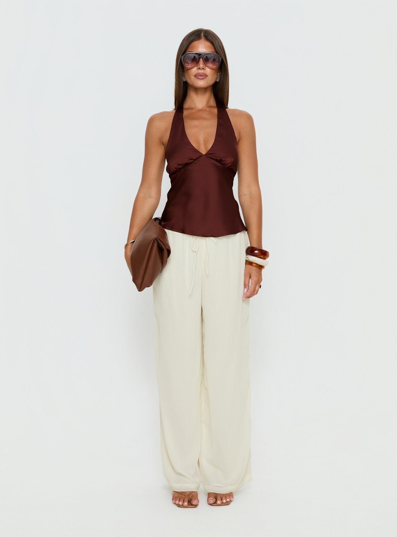Remarkable Satin Plunge Neck Top Chocolate