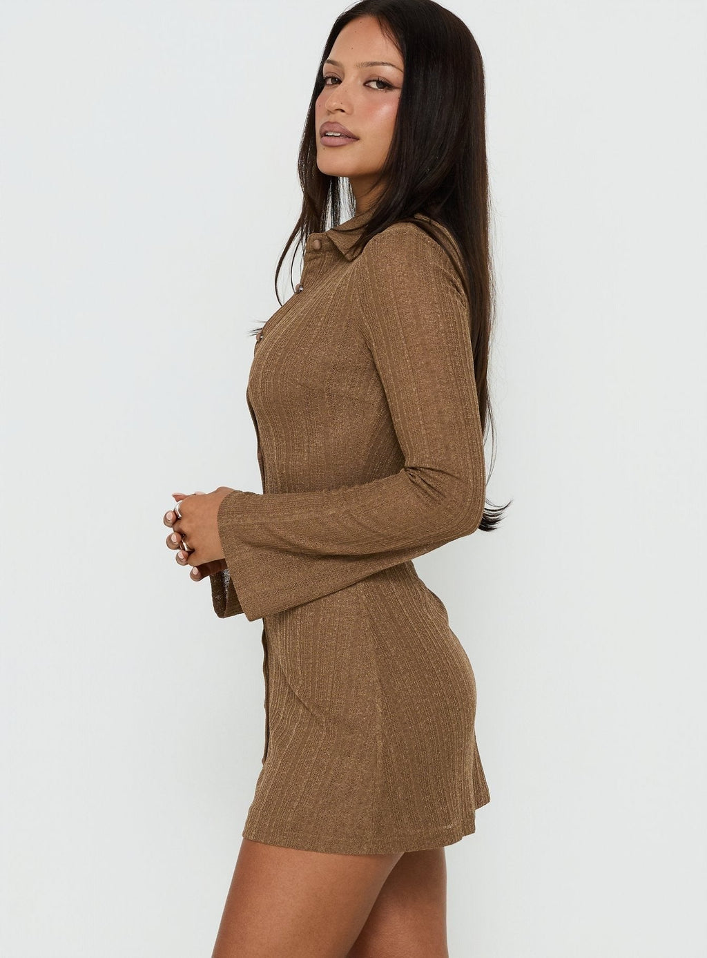 When You Sleep Long Sleeve Mini Dress Cocoa Brown