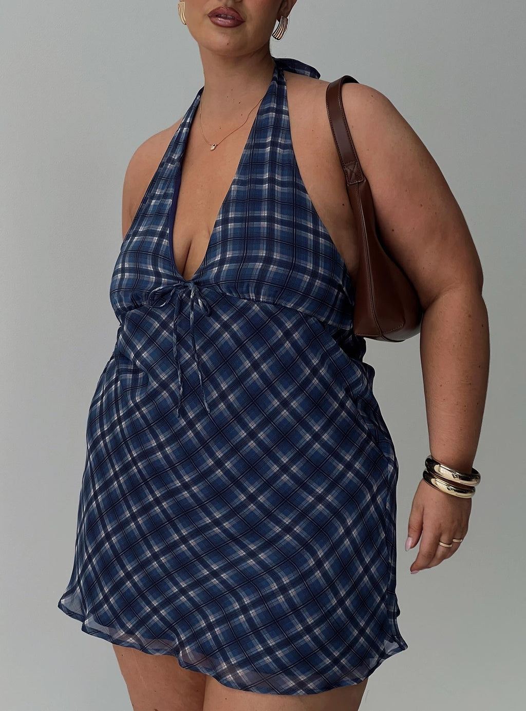 Laraline Halter Mini Dress Navy Check Curve