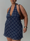 Laraline Halter Mini Dress Navy Check Curve