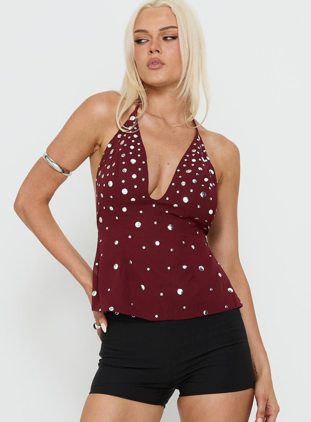 Tekapo Studded V-Neck Top Burgundy