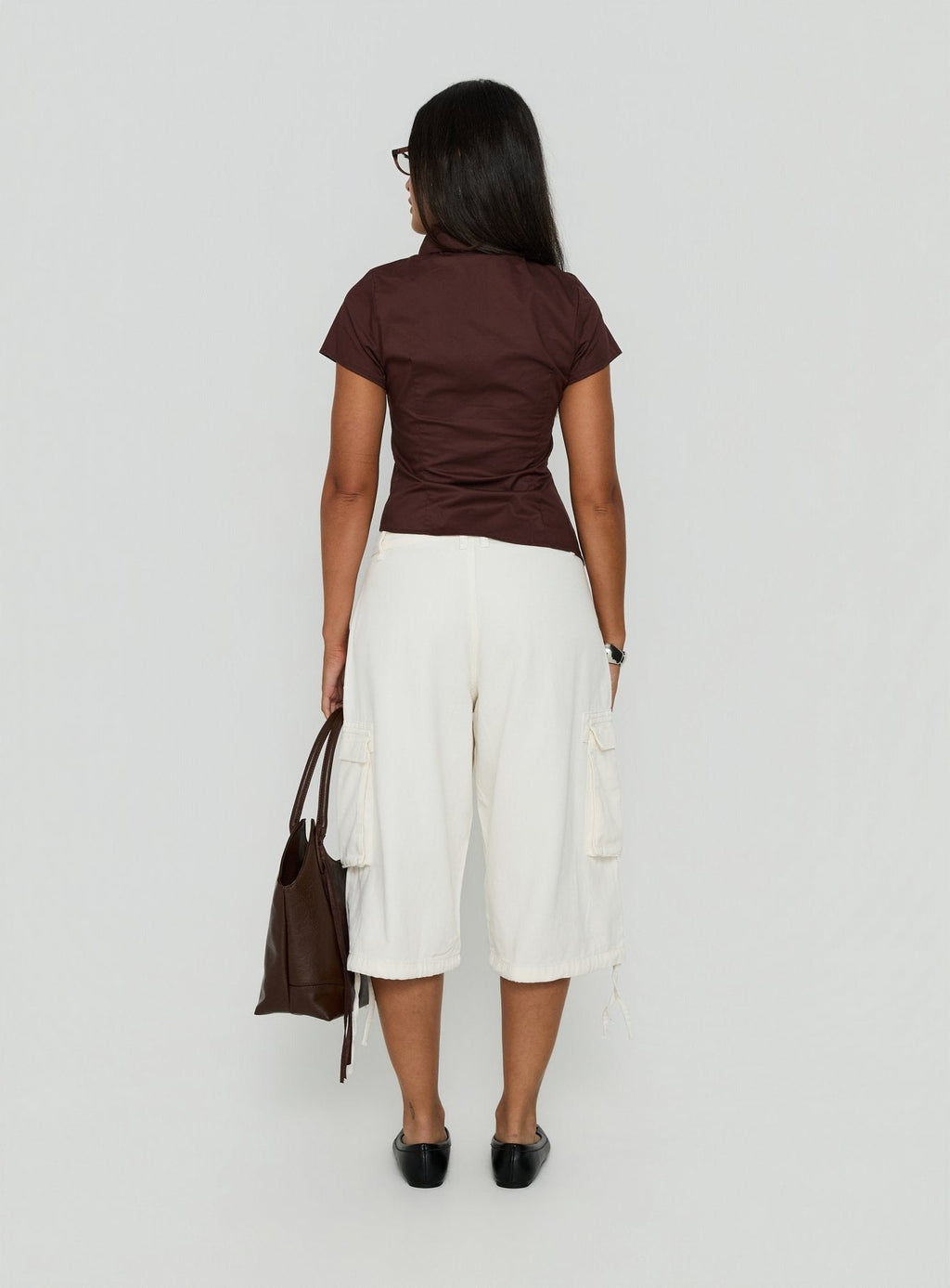 Naomee Asymmetrical Collared Short Sleeve Top Chocolate