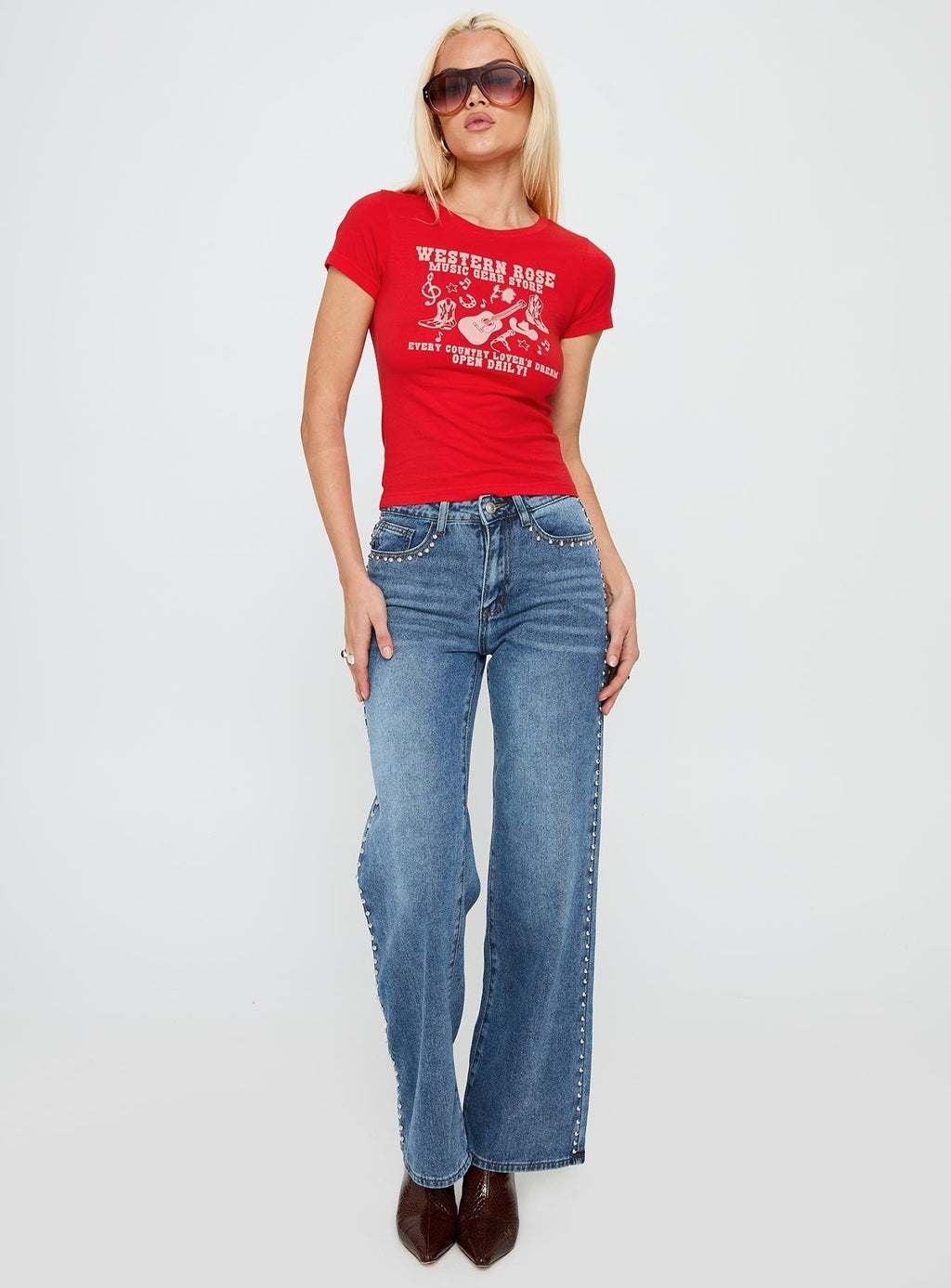 Western Rose Graphic Top Red