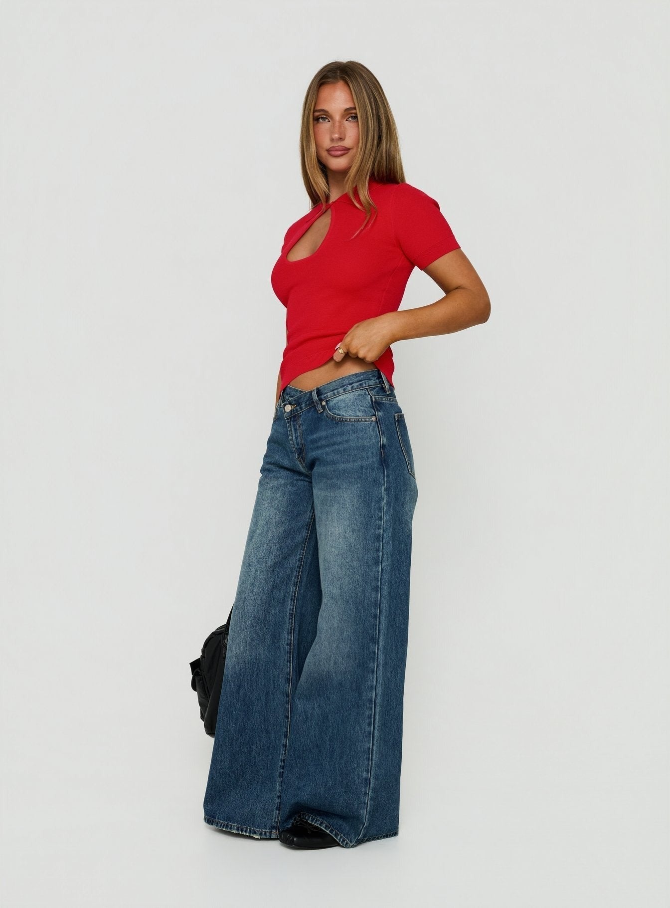 Celinia Mid Rise Asymmetrical Baggy Jeans Dark Indigo