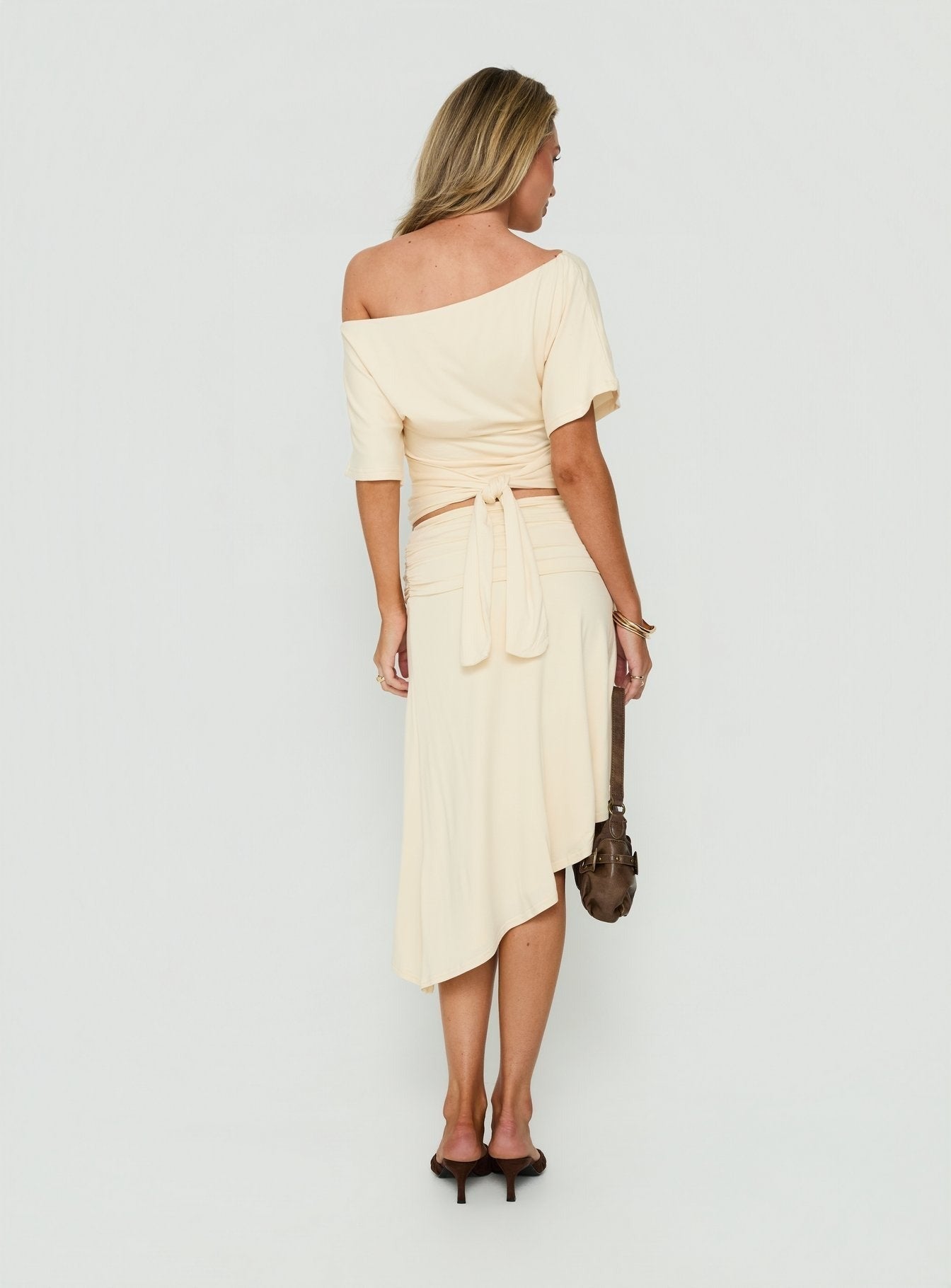 Sezzia Ruched Asymmetrical Midi Skirt Beige