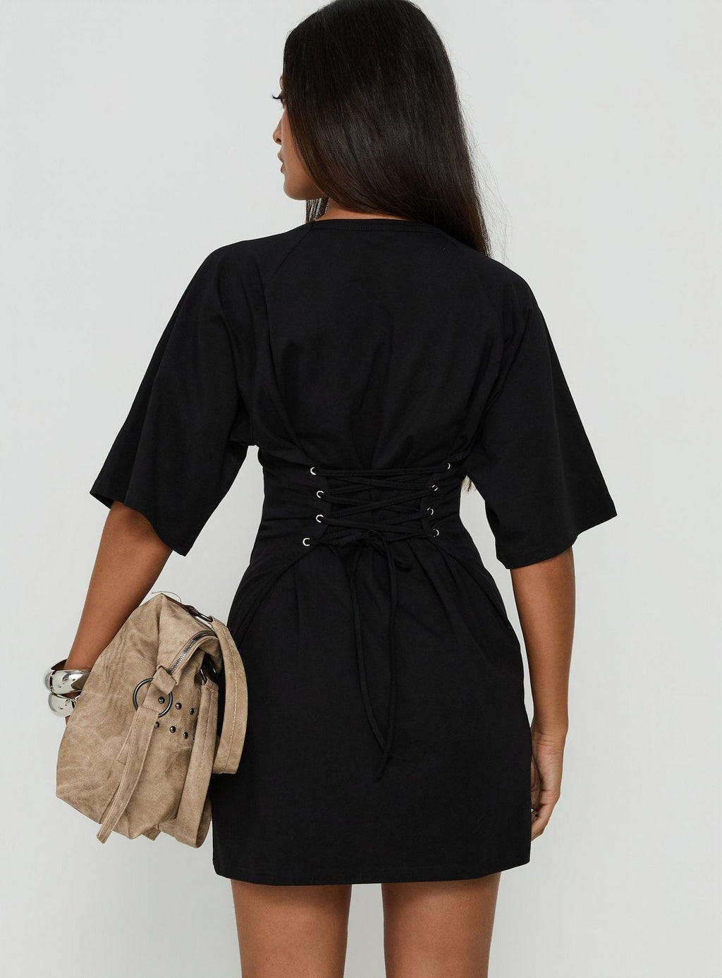 Enzia Raglan Lace Up Mini Dress Black