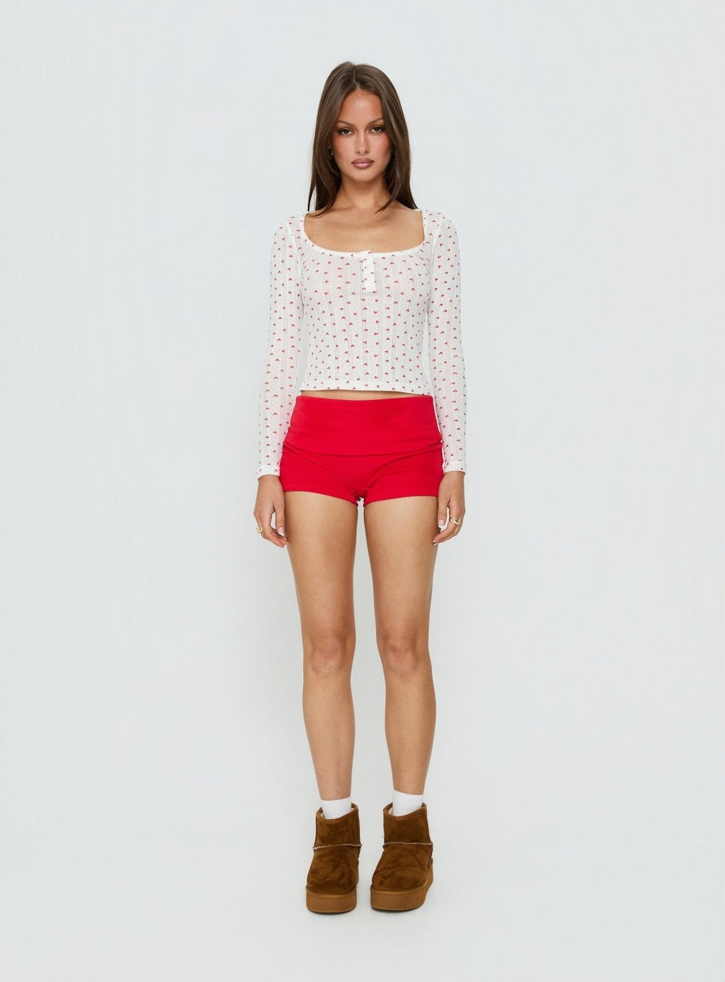 Sleepytea Pointelle Sleep Long Sleeve Top White / Red