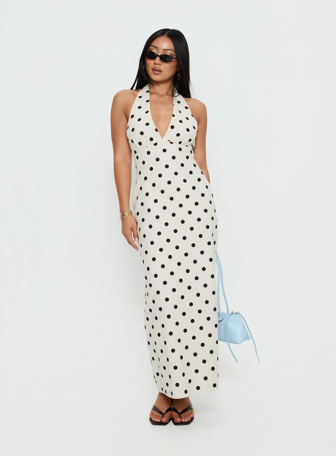 Delphinia Halter Maxi Dress Cream Polka Dot