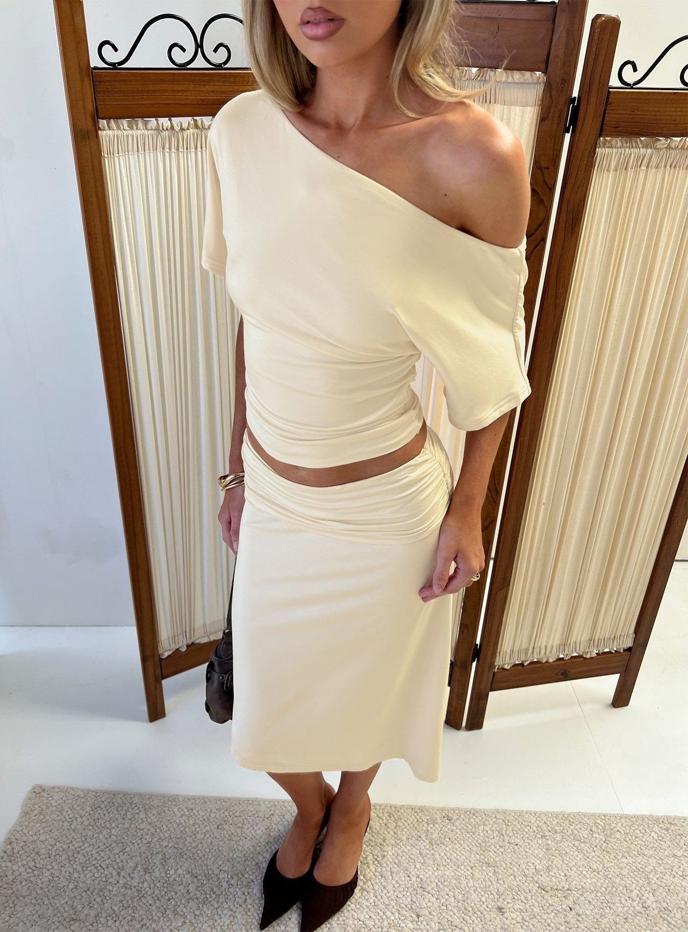 Sezzia Cinched One Shoulder Top Beige