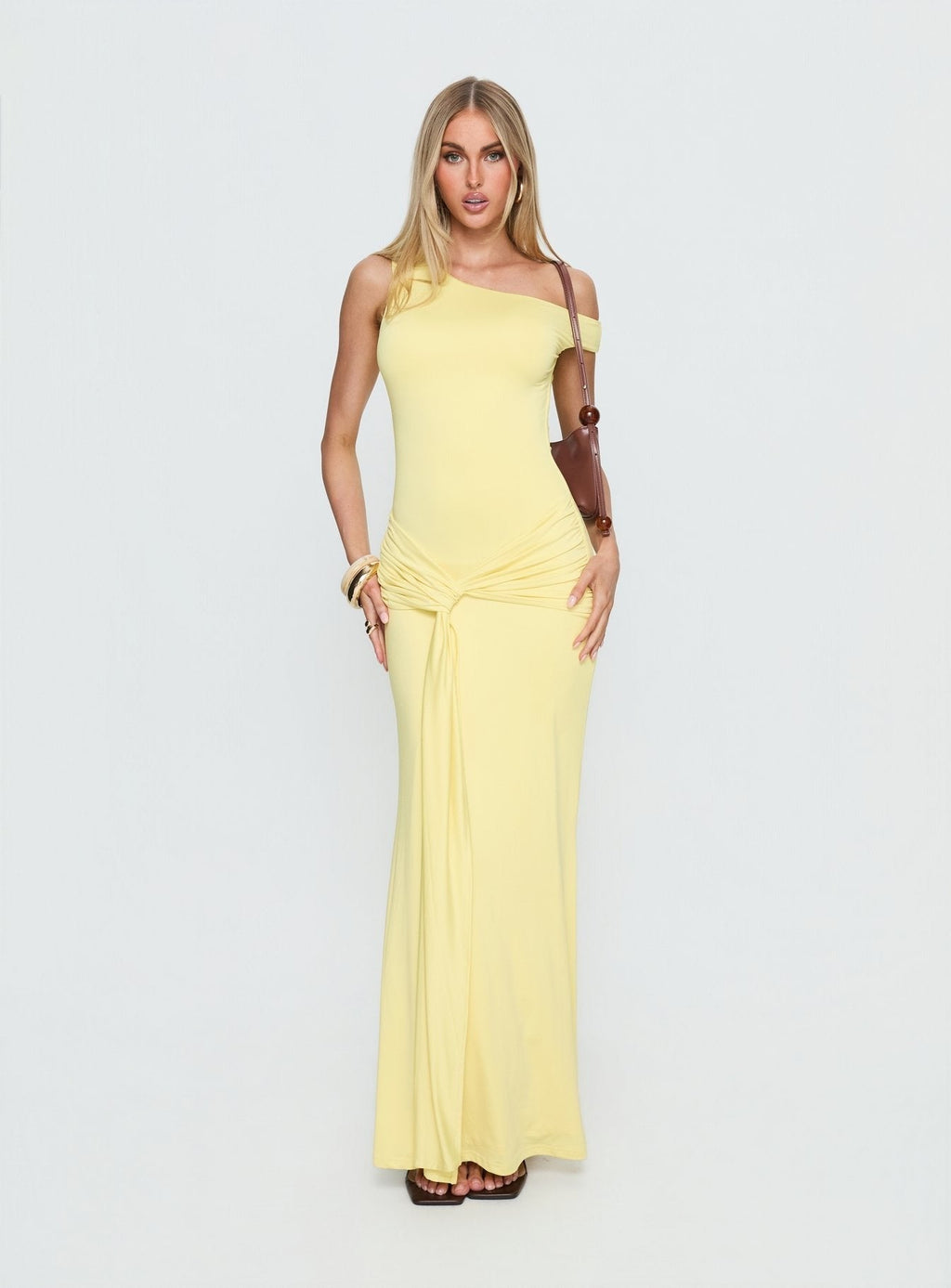 Get Lucky Drape One Shoulder Maxi Dress Lemon Yellow