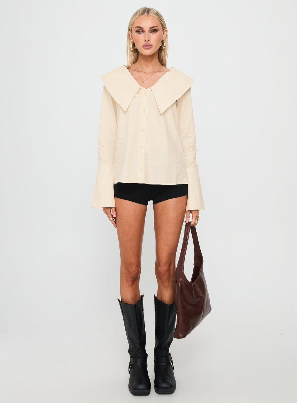Zelina Oversized Collar Long Sleeve Top Beige