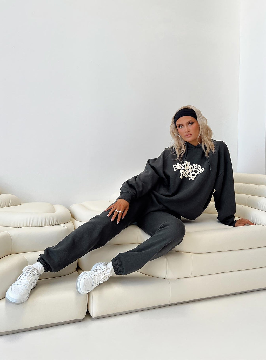 Princess Polly Track Pants Squiggle Text Black Sand / Eggshell