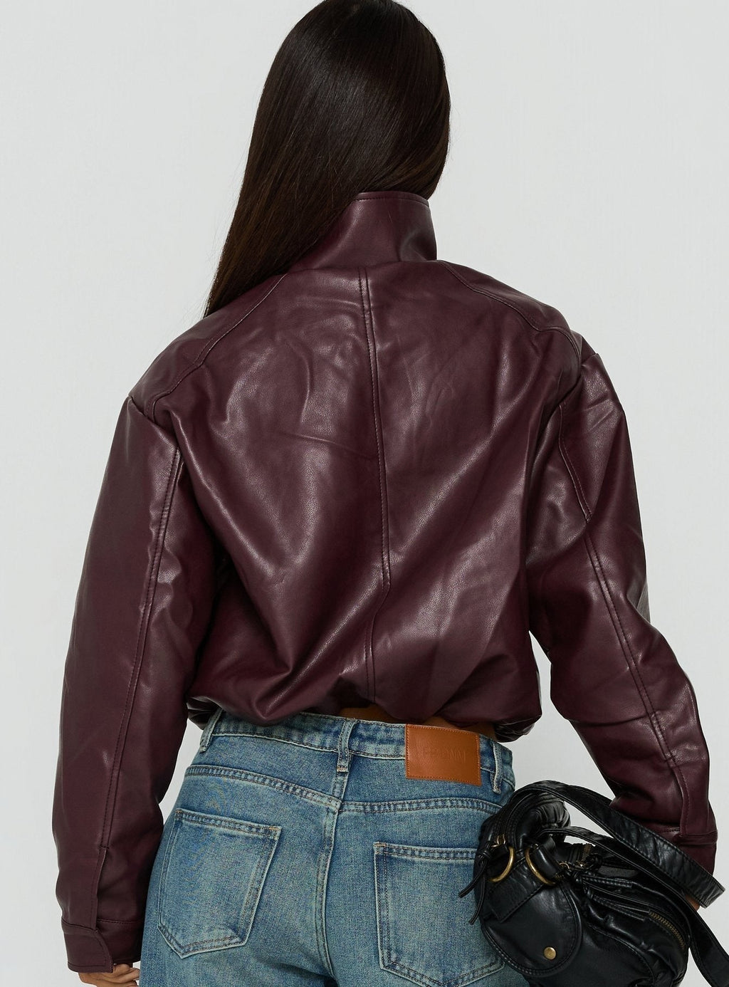 Kordale Funnel Neck Faux Leather Bomber Jacket Burgundy