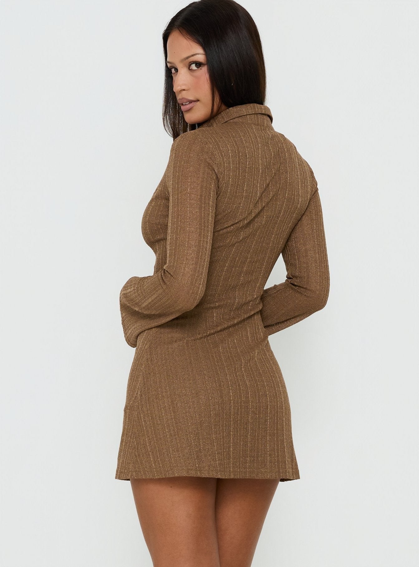 When You Sleep Long Sleeve Mini Dress Cocoa Brown