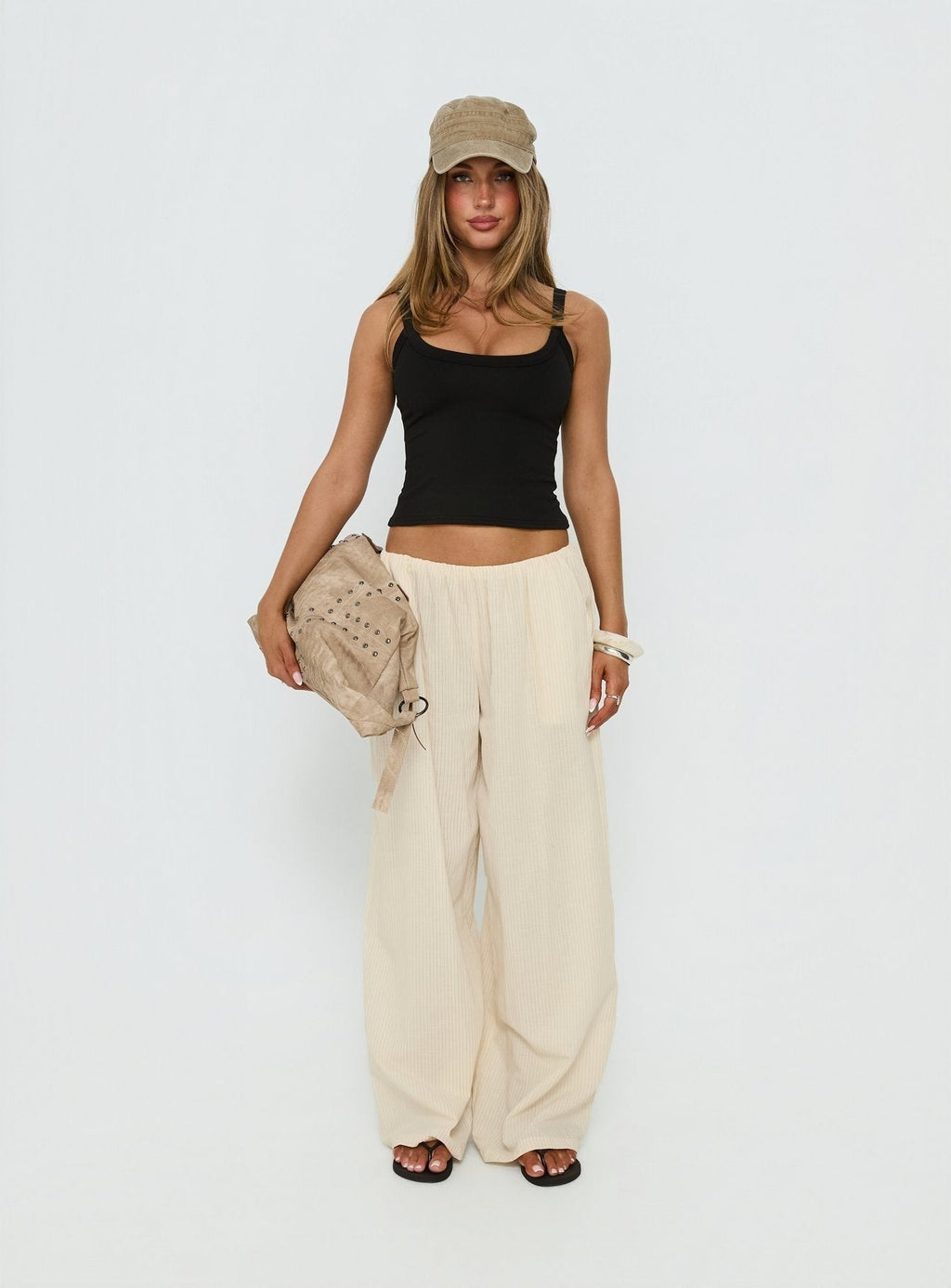 Lunea Concealed Waistband Pants Beige Stripe