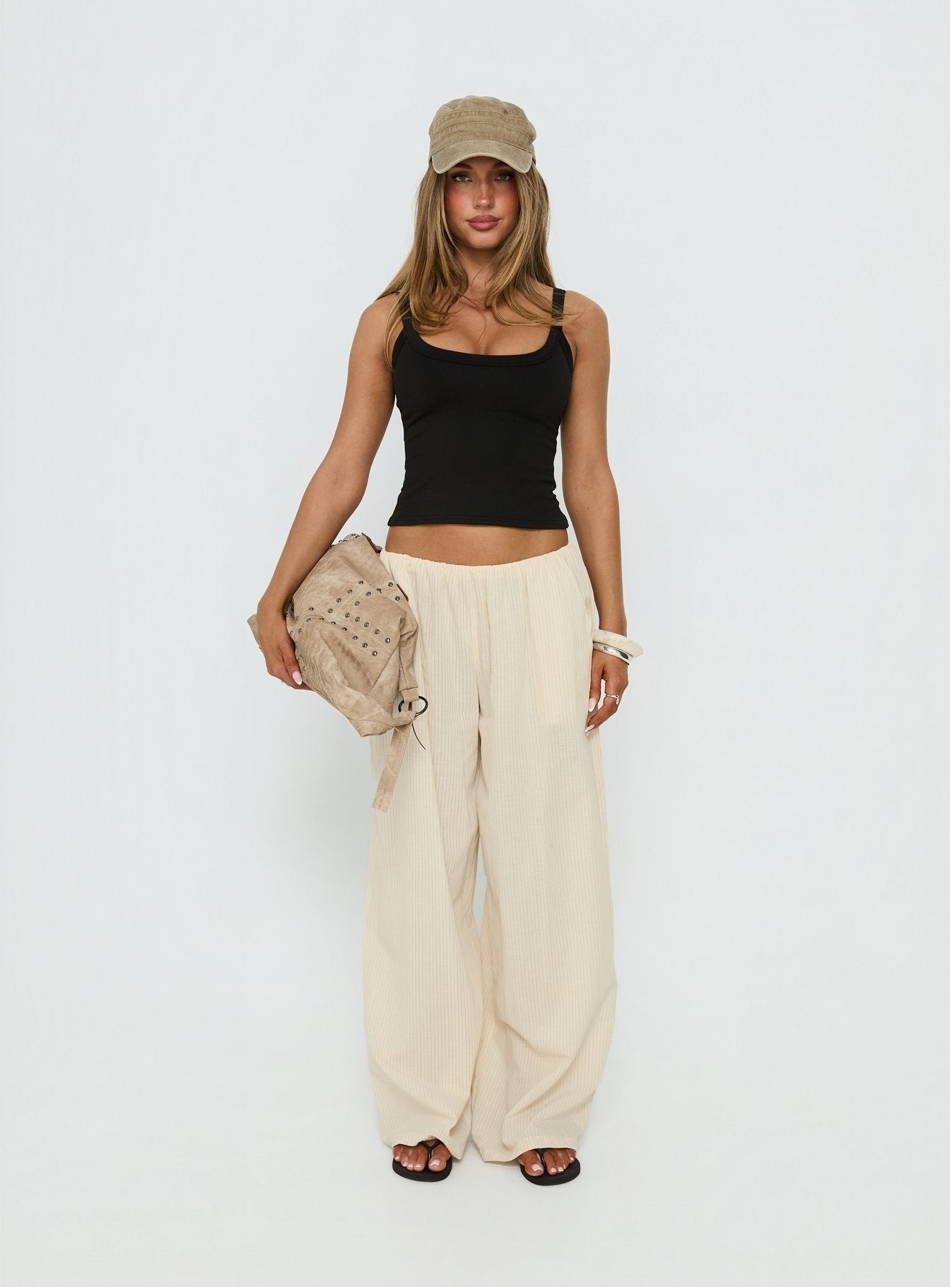 Lunea Concealed Waistband Pants Beige Stripe